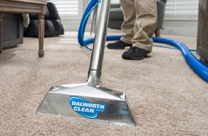 Professional worker steam cleaning carpet