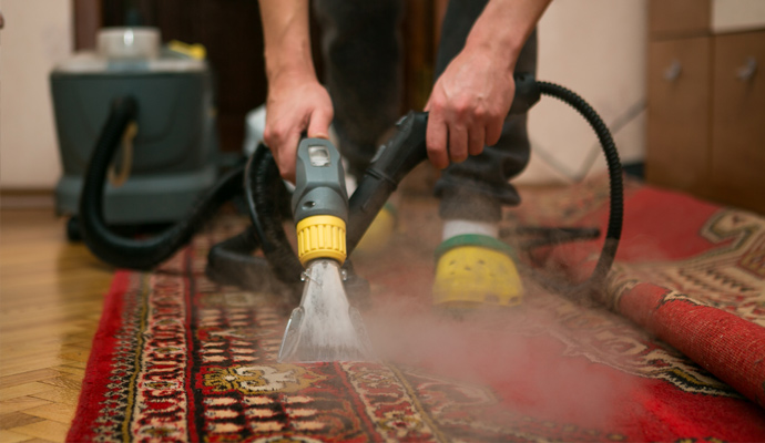 Professional worker cleaning carpet with a vacuum cleaner 