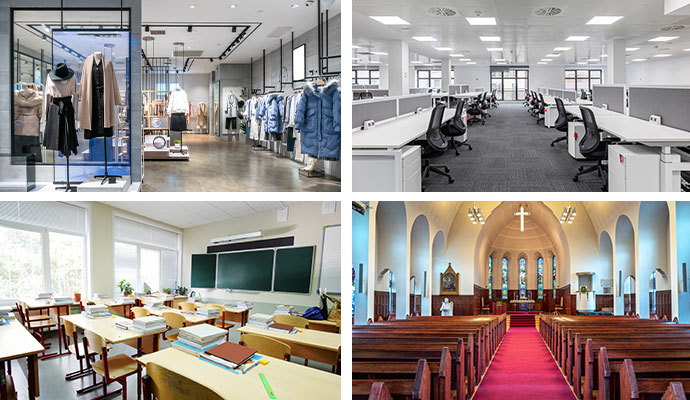 A collage shows commercial interiors.
