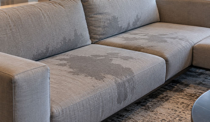 A gray sofa has wet stains.