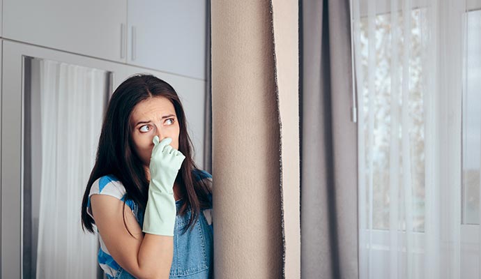 A person is holding her nose due to bad odor