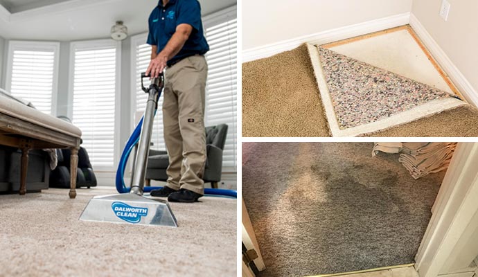 Collage of carpet deep cleaning, tack stripes and water damaged carpet