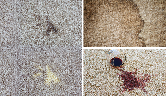 Collage of various carpet stains including drink spills, bleach marks and old dried stains