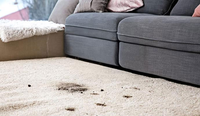 Dirty living room carpet with soil and debris stains