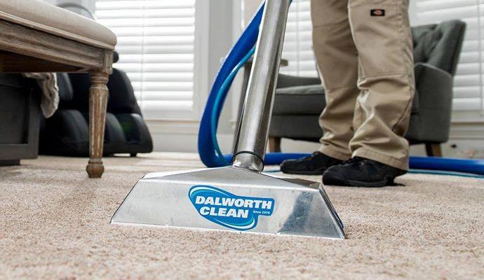Professional worker cleaning carpet moisture