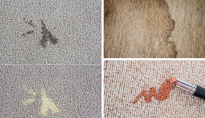 Collage of different types of stains and damages on carpet