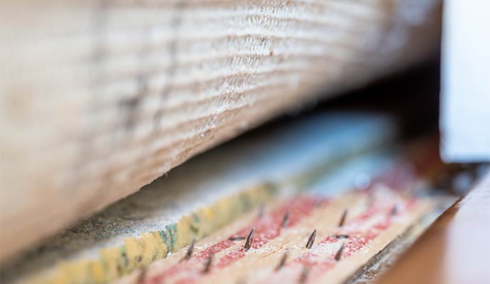 A macro view showing sharp nails on a wooden tack strip used to secure carpet in place