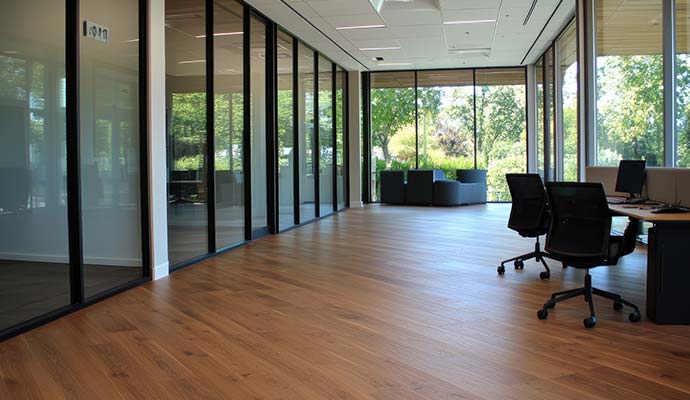 Clean and polished wood flooring in a modern office workplace