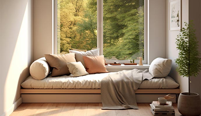 Clean cozy window seat cushion with pillows