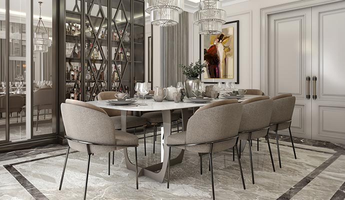 Clean elegant dining room upholstered grey chairs