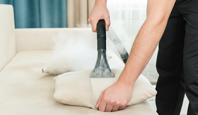 Person using a steam cleaner on a sofa cushions.