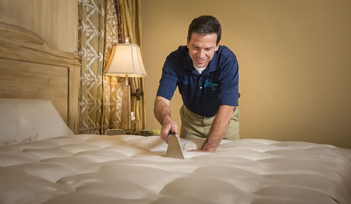 Person cleaning mattress using equipment