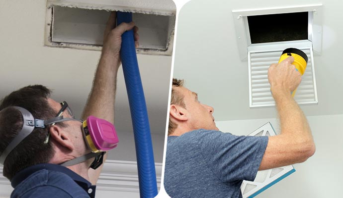 Collage of air duct cleaning and inspection