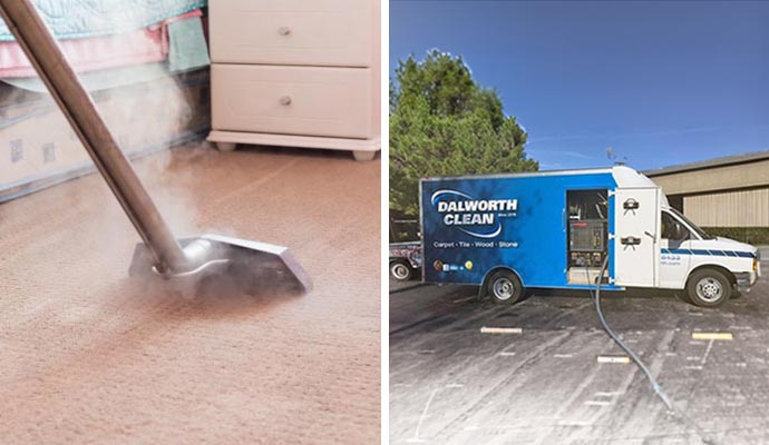 Collage of carpet cleaning and service van