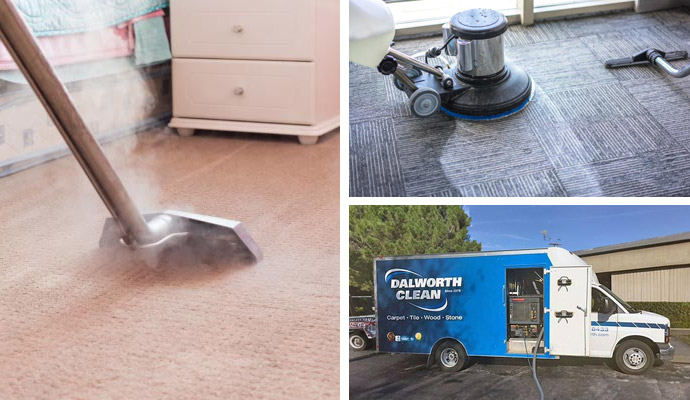 Collage of carpet steam cleaning, carpet dry cleaning, and truck-mounted system