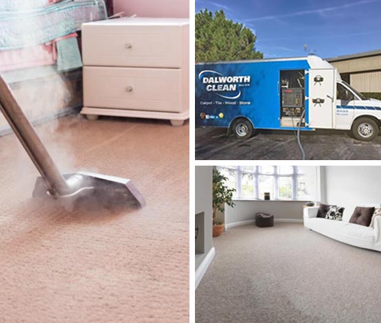 Collage of carpet steam cleaning truck mounted system and clean carpet