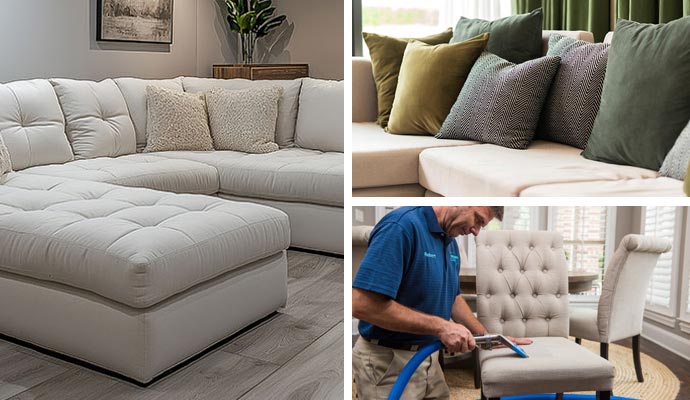 Collage of clean sofa, throw pillows and upholstery deodorizing service