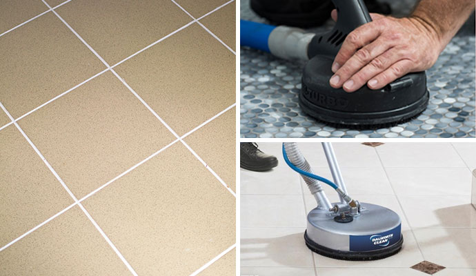 Collage of clean tile grout and professional floor cleaning services