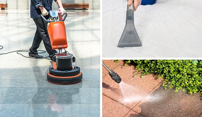 Collage of commercial floor cleaning, mattress cleaning and pressure washing
