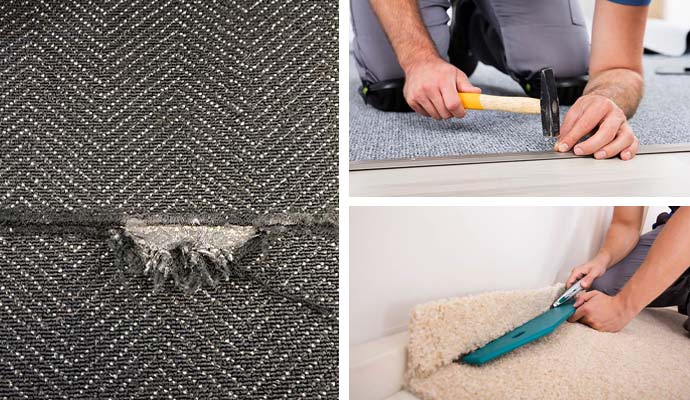 Collage of damaged carpet, transition strip installation, and trimming