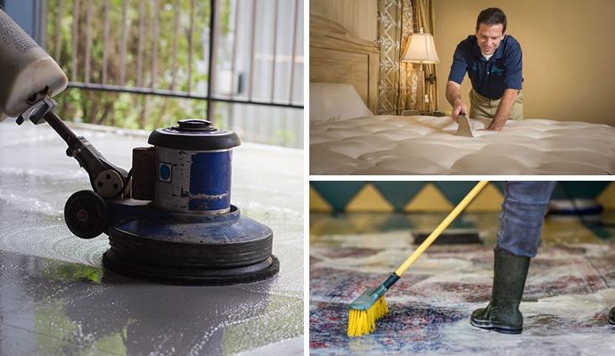 Collage of professional cleaning services for a concrete surface, mattress and area rug