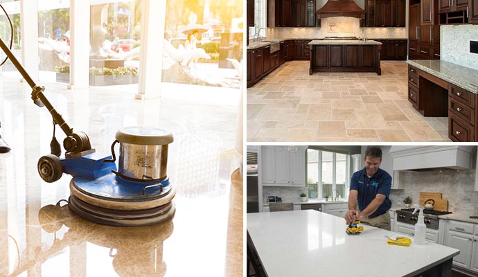 Collage of floor polishing, clean floor and countertop cleaning service
