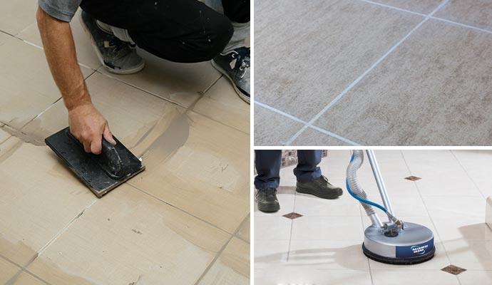 Collage of grout sealing, colored floor and floor tile cleaning