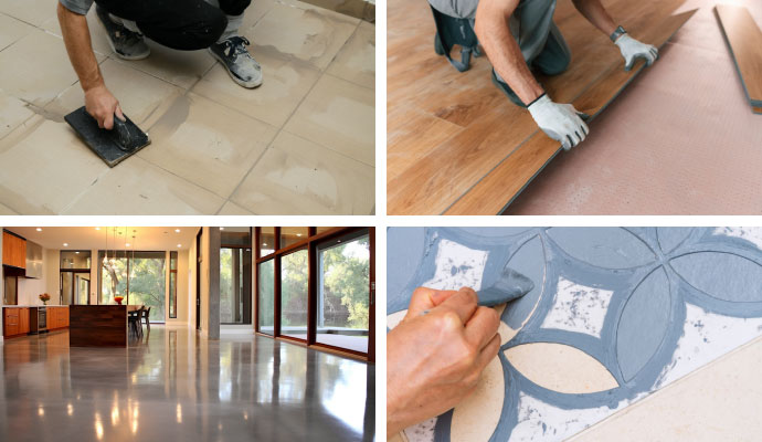 Collage of grout sealing, concrete staining, wood floor renewal, and stenciling