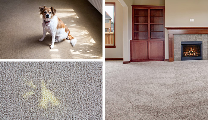 Collage of pet sitting on carpet, stain on carpet, and odor-free carpet