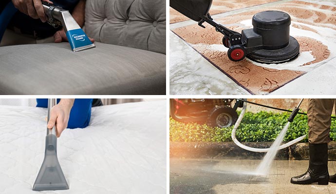 Collage of upholstery cleaning, rug cleaning, mattress cleaning and pressure washing