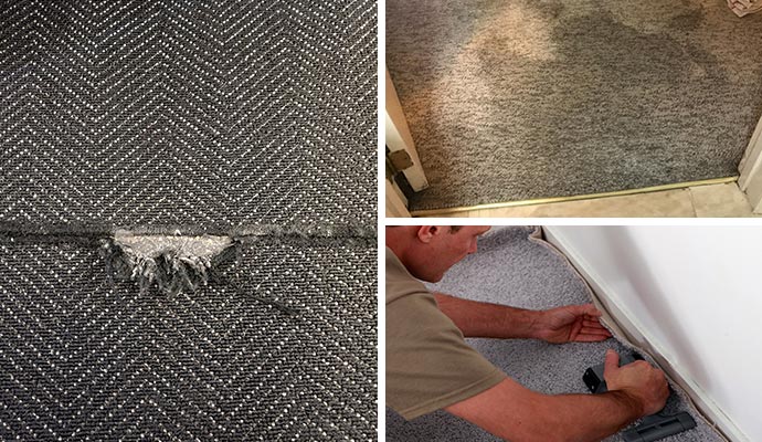 Collage of ripped carpet, discolored carpet and carpet stretching service