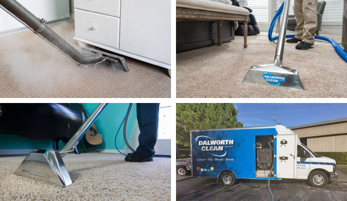 Collage of steam, bonnet buffing, dry cleaning and hyperallergenic cleaning service for carpet
