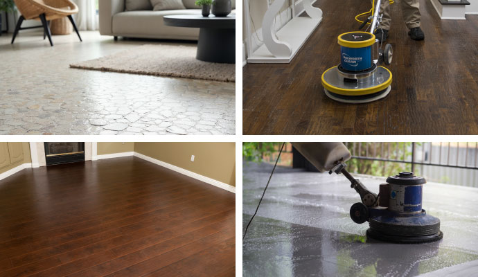 Collage of stone, wood, hardwood, and concrete floor cleaning