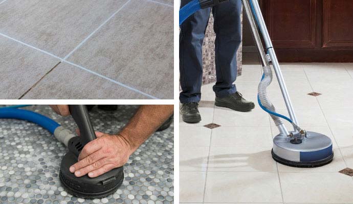 Collage showing tile and grout cleaning, sealing, and surface extraction