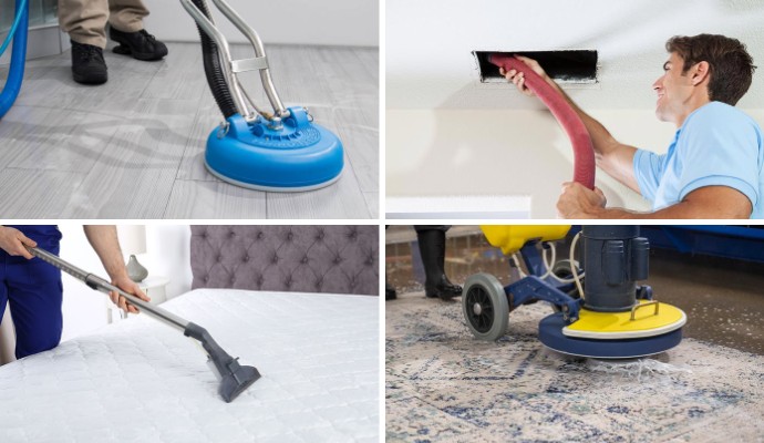 Collage of tile floor, duct, mattress, and rug cleaning service
