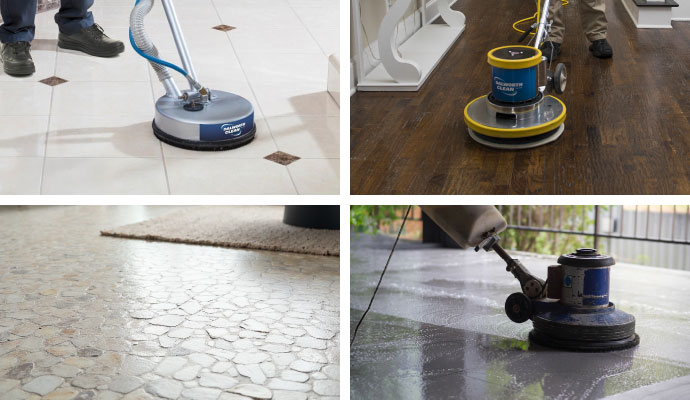 Collage of tile, stone, wood, and concrete floor cleaning