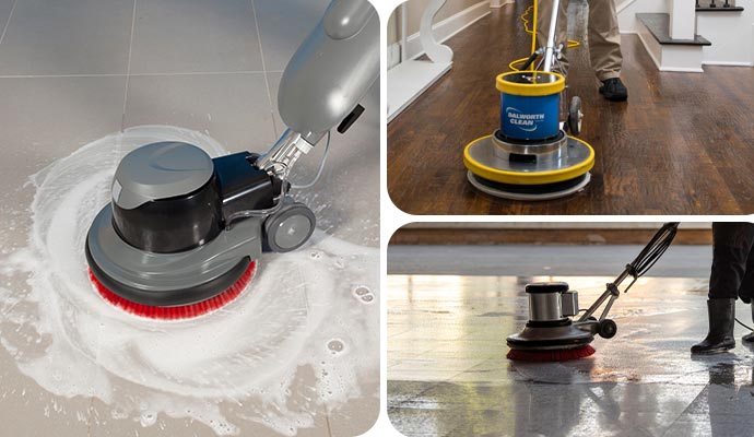 Collage of tile, wood, and concrete floor cleaning