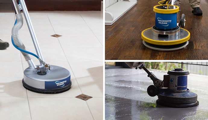 Collage of professional cleaning services for tile, wood and stone floors