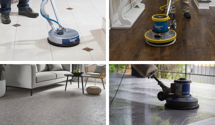 Collage of tile, wood floor, carpet, and concrete cleaning