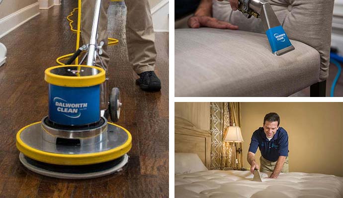 Collage of wood floor care, upholstery cleaning, and mattress cleaning