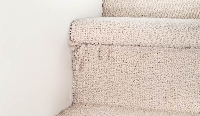 A close-up of light-colored berber carpet on stairs showing frayed and torn edges near the wall