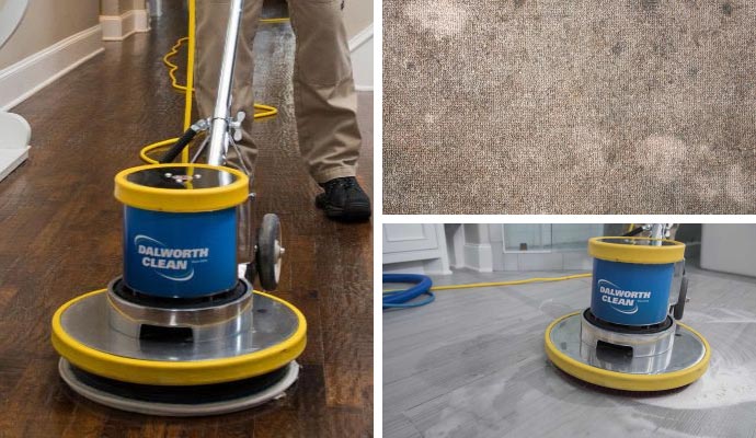 Collage of different floor cleaning and dirty carpet