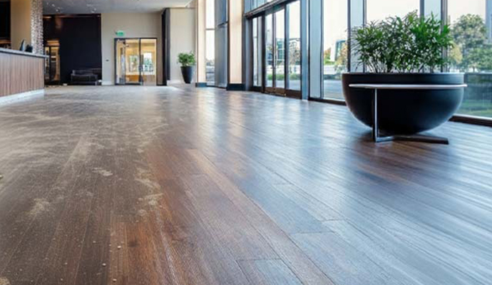 Dusty and worn commercial wood floor in an office lobby