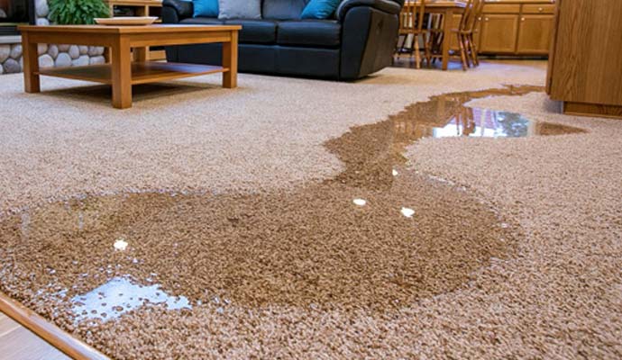 Water trail and flooded area on a living room carpet