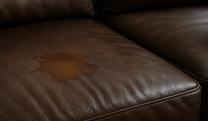 Liquid stain on brown leather sofa cushion