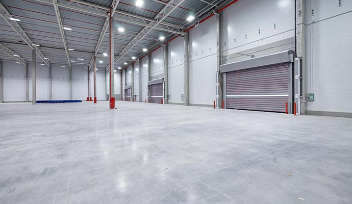 Polished concrete floor in industrial warehouse