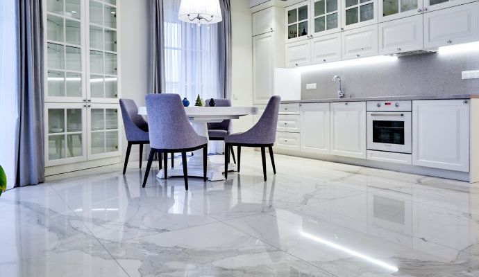 Shiny and clean limestone floor in modern kitchen