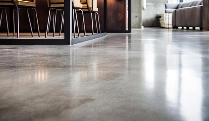 Polished reflective grey concrete floor