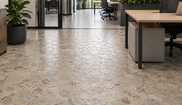 Polished natural stone flooring in a modern office workspace