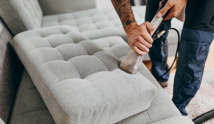 Professional cleaning grey tufted sectional sofa